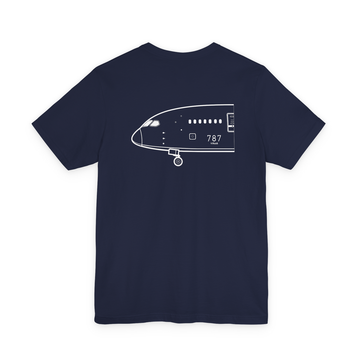 Back of navy 787 tee with white Boeing 787 nose profile line art