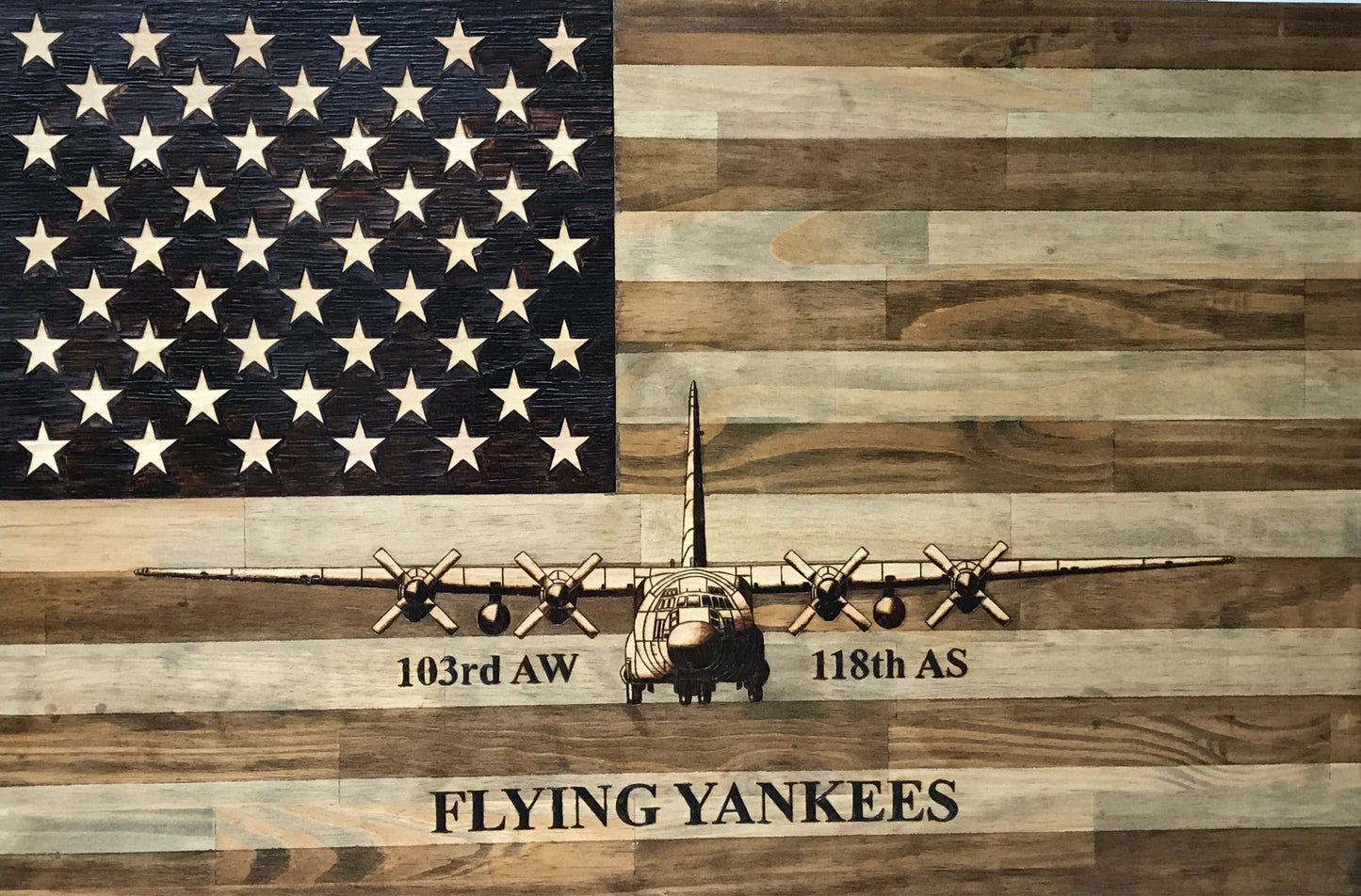 Handcrafted Wood-Burned American Flag with Your Aircraft