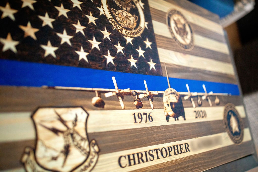Handcrafted Wood-Burned American Flag with Your Aircraft