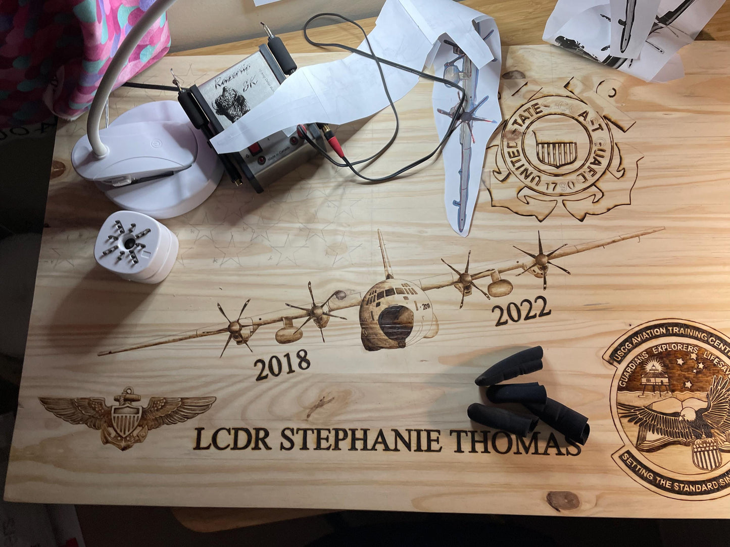 Handcrafted Wood-Burned American Flag with Your Aircraft