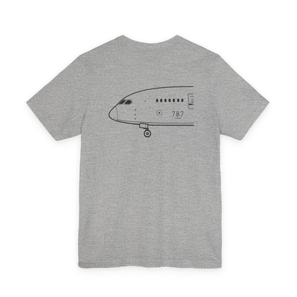 Back of gray 787 tee with black Boeing 787 nose profile line art