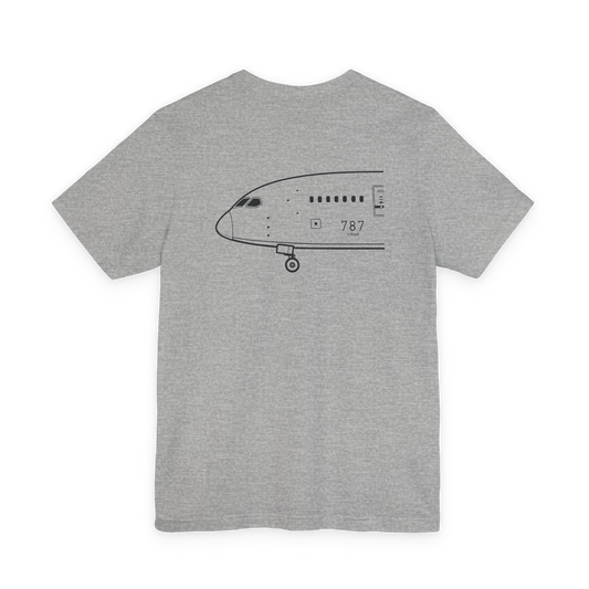 Back of gray 787 tee with black Boeing 787 nose profile line art