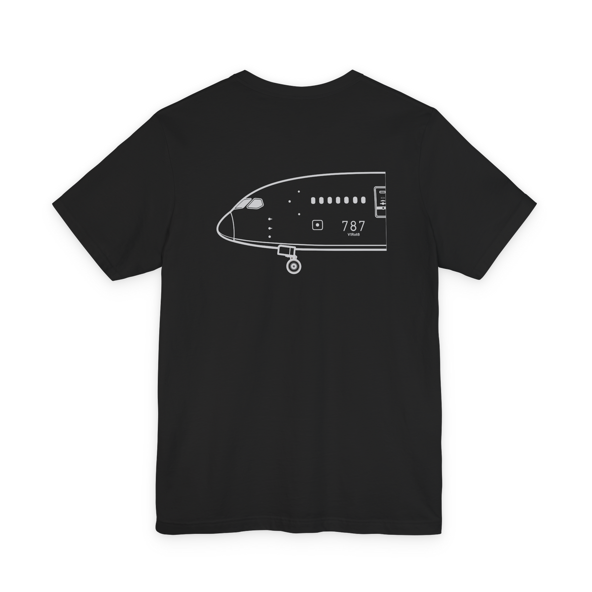 Back of black 787 tee with white Boeing 787 nose profile line art