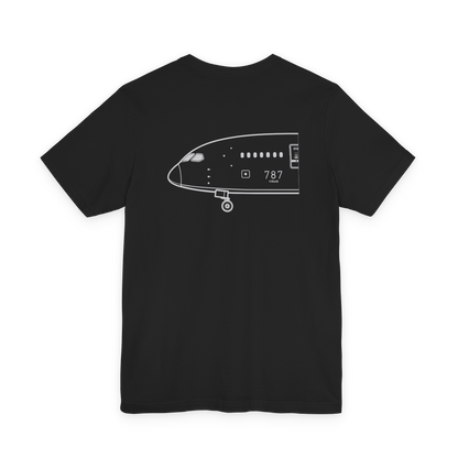 Back of black 787 tee with white Boeing 787 nose profile line art