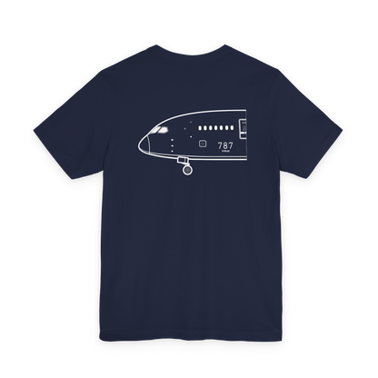Back of navy 787 tee with white Boeing 787 nose profile line art