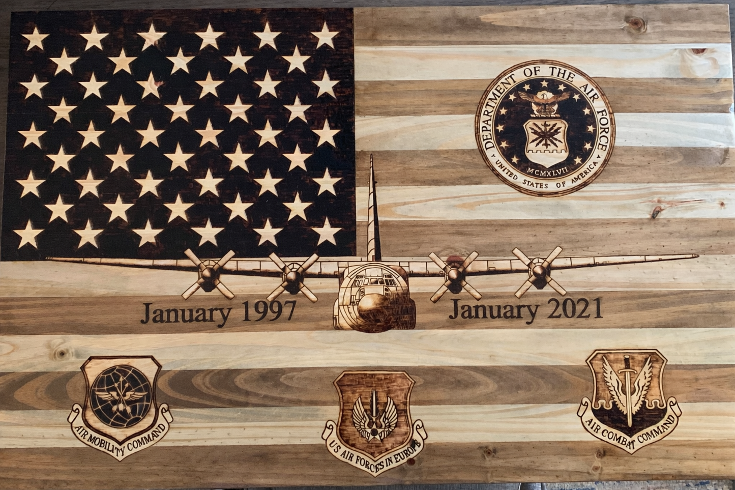 Handcrafted Wood-Burned American Flag with Your Aircraft
