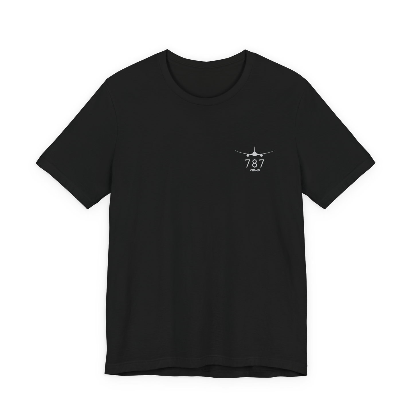 Front of black Bella+Canvas 787 pilot tee with small white V1Rot8 chest mark