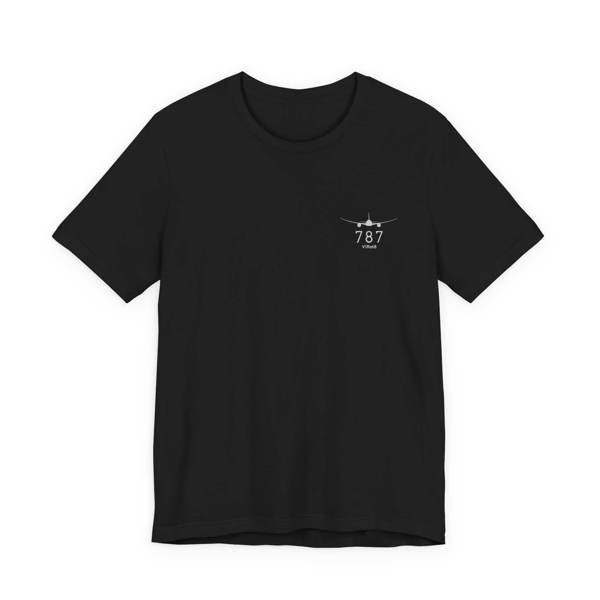 Front of black Bella+Canvas 787 pilot tee with small white V1Rot8 chest mark