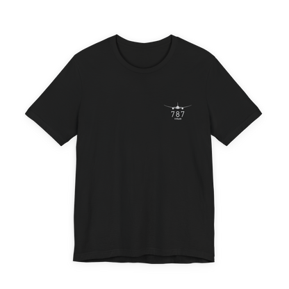 Front of black Bella+Canvas 787 pilot tee with small white V1Rot8 chest mark