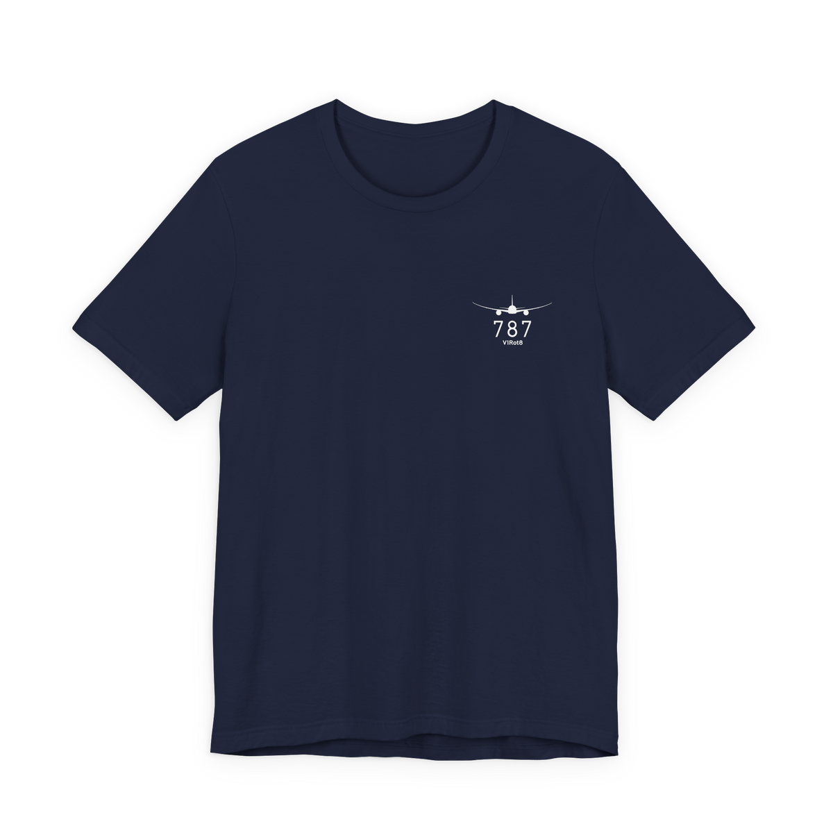 Front of navy Bella+Canvas 787 pilot tee with small white V1Rot8 chest mark