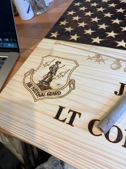 Handcrafted Wood-Burned American Flag with Your Aircraft