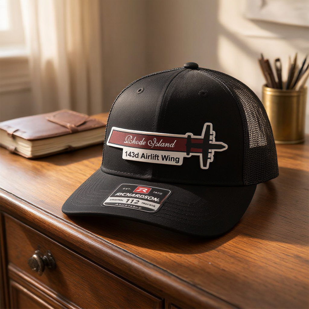 143rd AW Quonset RI C-130J maroon tail flash UV leatherette hat