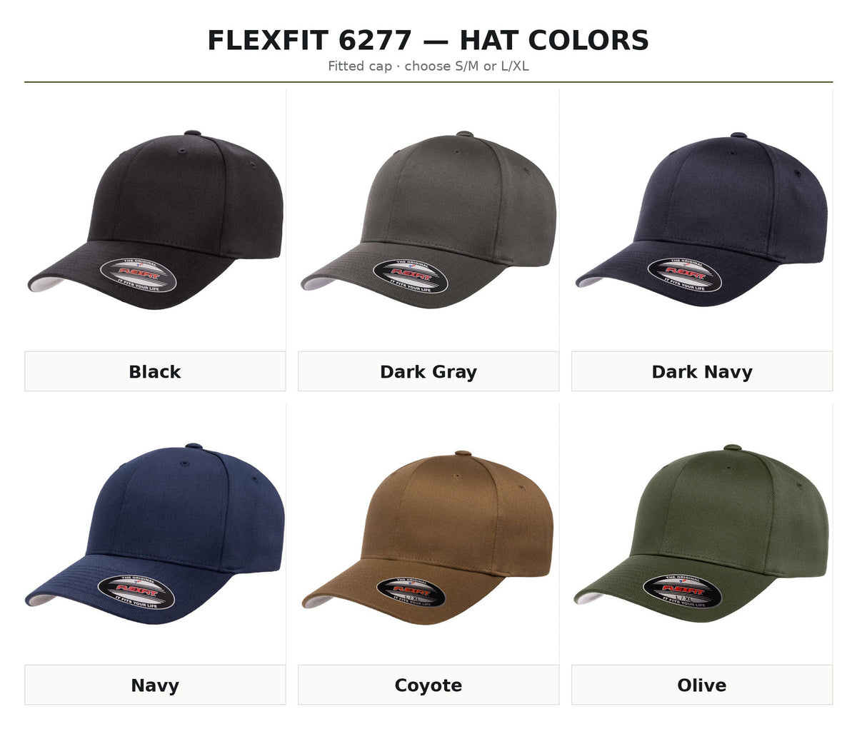 Flexfit 6277 cotton blend cap colour options — S/M and L/XL
