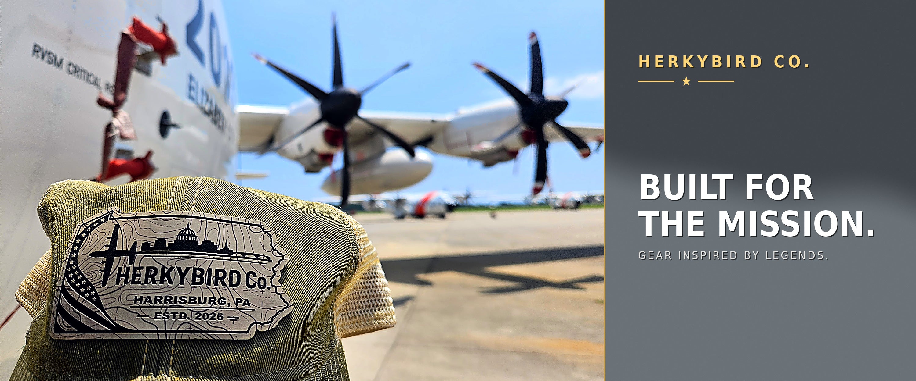 Herky Bird Co. laser-engraved leatherette patch hat on the flight line, with a C-130J Super Hercules and its eight-blade props behind it.